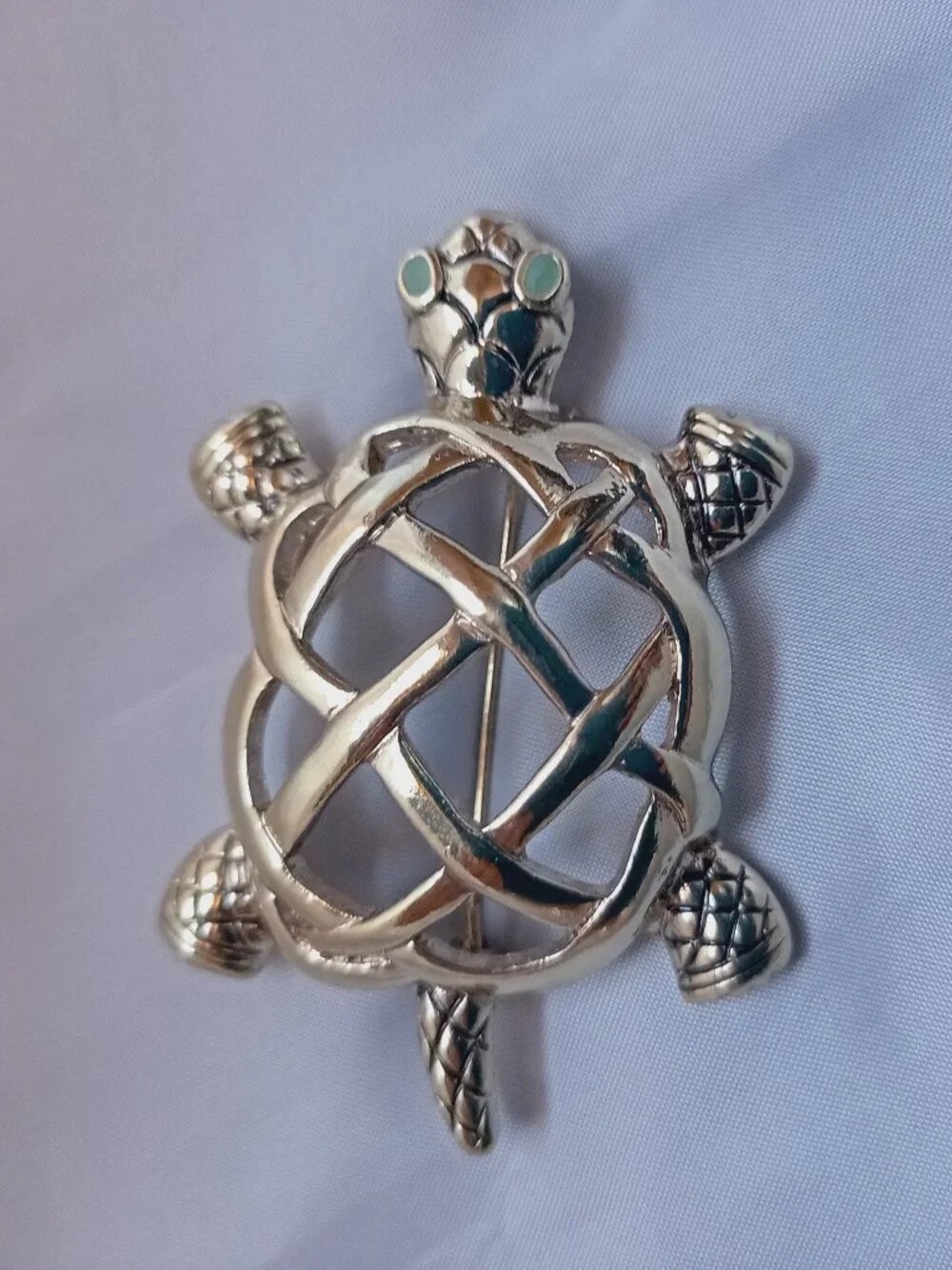 Napier Basket Weave Turtle Brooch Green Eye Variant